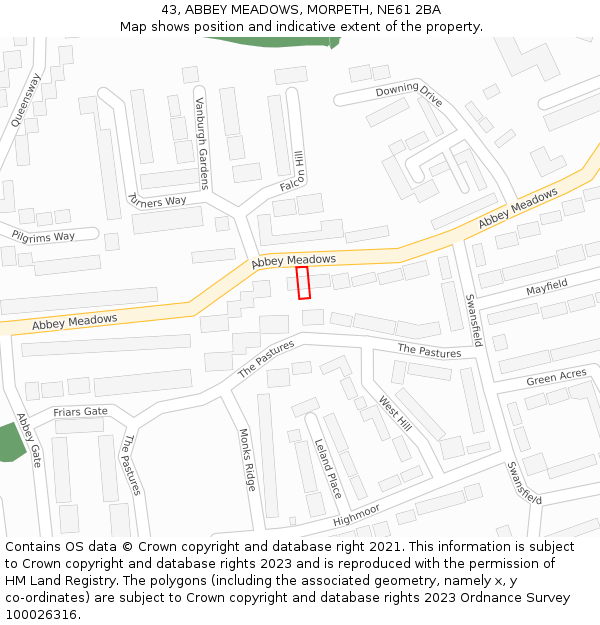43, ABBEY MEADOWS, MORPETH, NE61 2BA: Location map and indicative extent of plot
