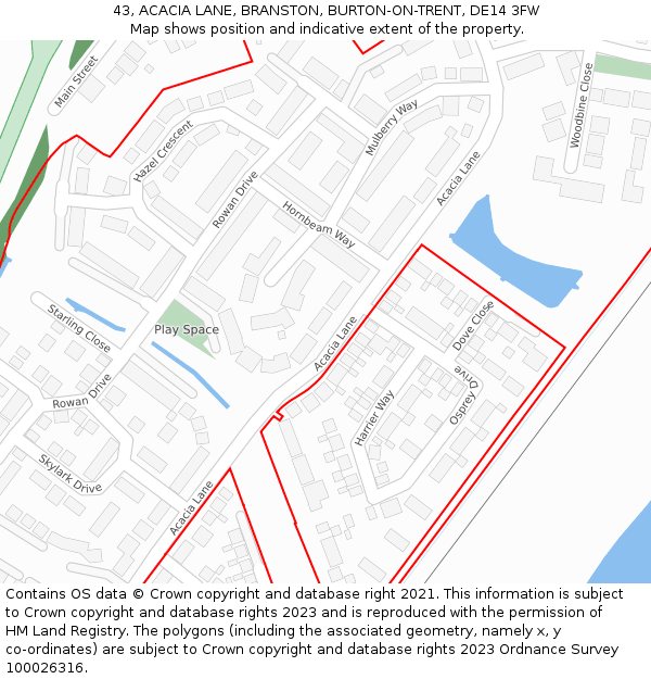 43, ACACIA LANE, BRANSTON, BURTON-ON-TRENT, DE14 3FW: Location map and indicative extent of plot