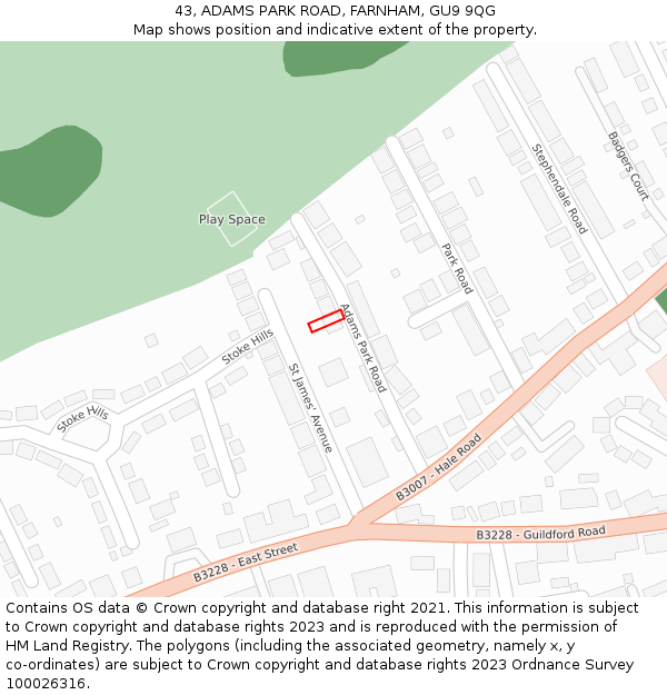 43, ADAMS PARK ROAD, FARNHAM, GU9 9QG: Location map and indicative extent of plot