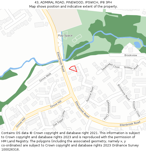 43, ADMIRAL ROAD, PINEWOOD, IPSWICH, IP8 3PH: Location map and indicative extent of plot