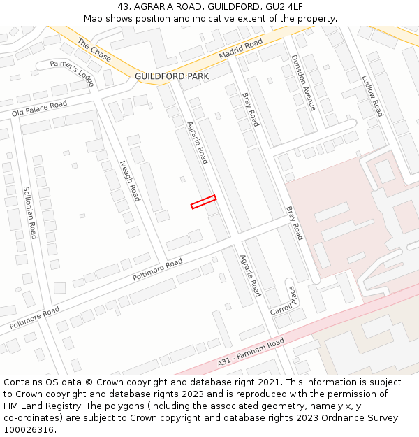 43, AGRARIA ROAD, GUILDFORD, GU2 4LF: Location map and indicative extent of plot