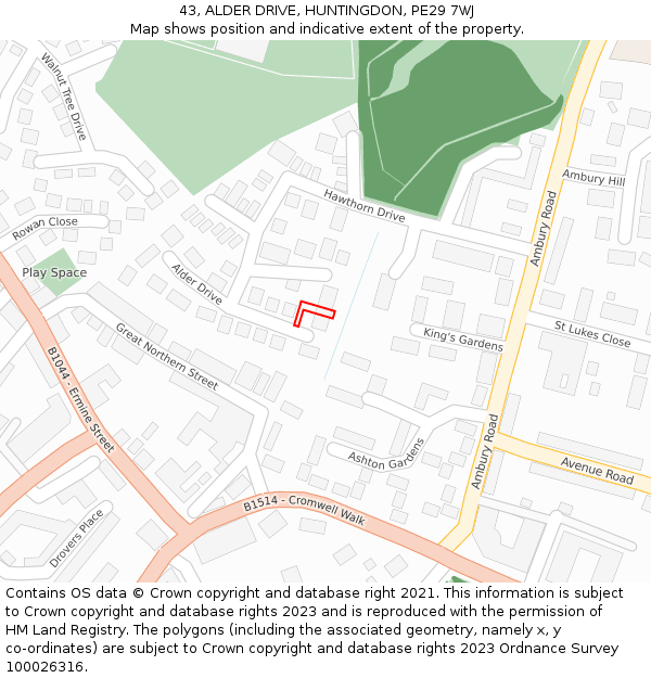 43, ALDER DRIVE, HUNTINGDON, PE29 7WJ: Location map and indicative extent of plot