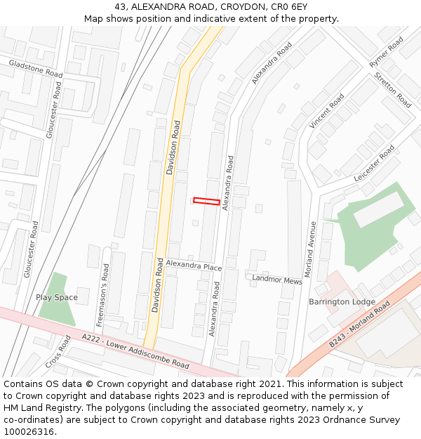 43, ALEXANDRA ROAD, CROYDON, CR0 6EY: Location map and indicative extent of plot