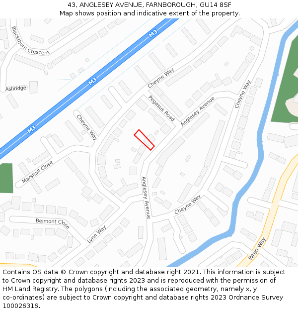 43, ANGLESEY AVENUE, FARNBOROUGH, GU14 8SF: Location map and indicative extent of plot