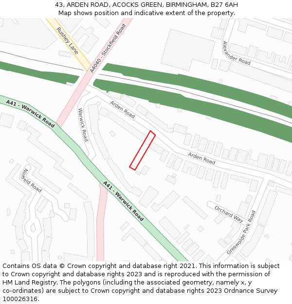 43, ARDEN ROAD, ACOCKS GREEN, BIRMINGHAM, B27 6AH: Location map and indicative extent of plot