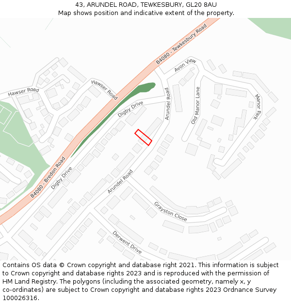 43, ARUNDEL ROAD, TEWKESBURY, GL20 8AU: Location map and indicative extent of plot