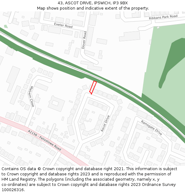 43, ASCOT DRIVE, IPSWICH, IP3 9BX: Location map and indicative extent of plot