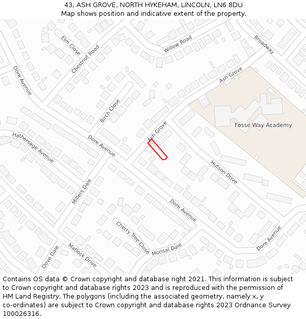 43, ASH GROVE, NORTH HYKEHAM, LINCOLN, LN6 8DU: Location map and indicative extent of plot
