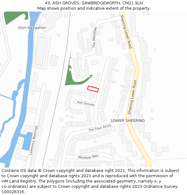 43, ASH GROVES, SAWBRIDGEWORTH, CM21 9LN: Location map and indicative extent of plot