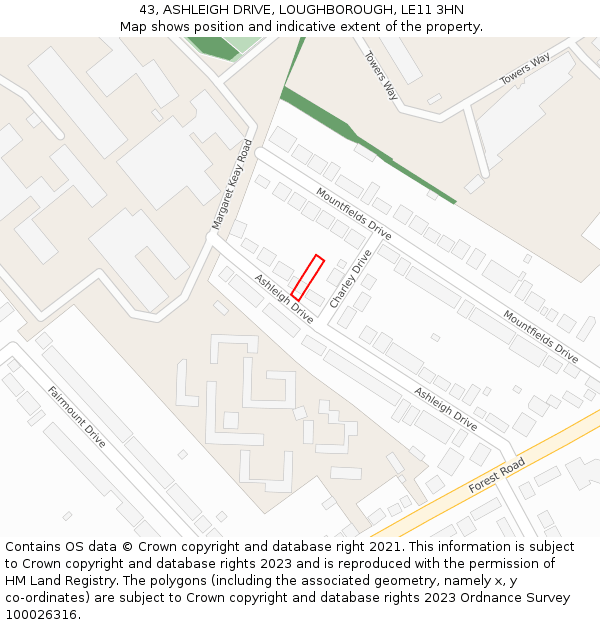 43, ASHLEIGH DRIVE, LOUGHBOROUGH, LE11 3HN: Location map and indicative extent of plot