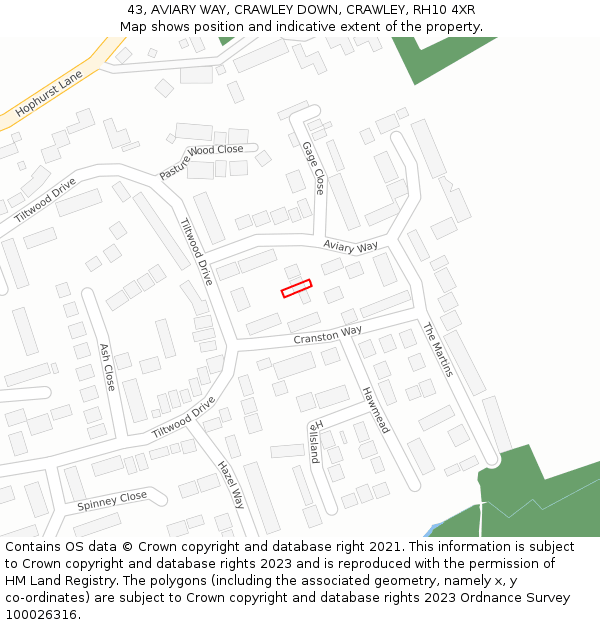 43, AVIARY WAY, CRAWLEY DOWN, CRAWLEY, RH10 4XR: Location map and indicative extent of plot