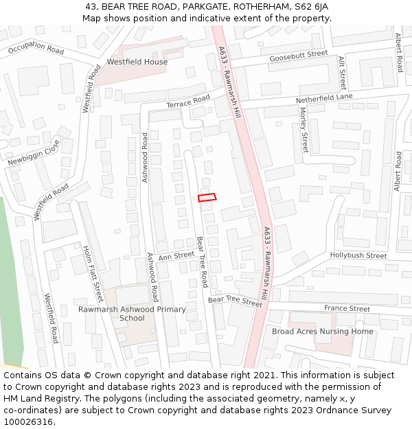 43, BEAR TREE ROAD, PARKGATE, ROTHERHAM, S62 6JA: Location map and indicative extent of plot