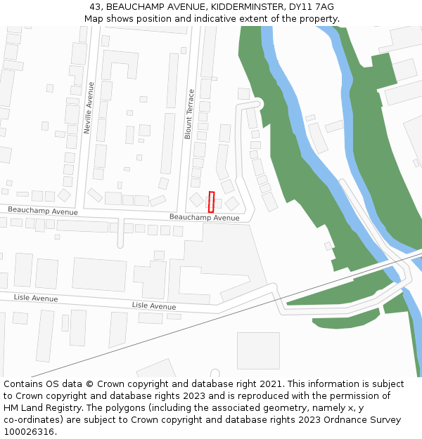 43, BEAUCHAMP AVENUE, KIDDERMINSTER, DY11 7AG: Location map and indicative extent of plot