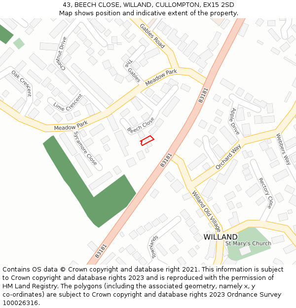 43, BEECH CLOSE, WILLAND, CULLOMPTON, EX15 2SD: Location map and indicative extent of plot