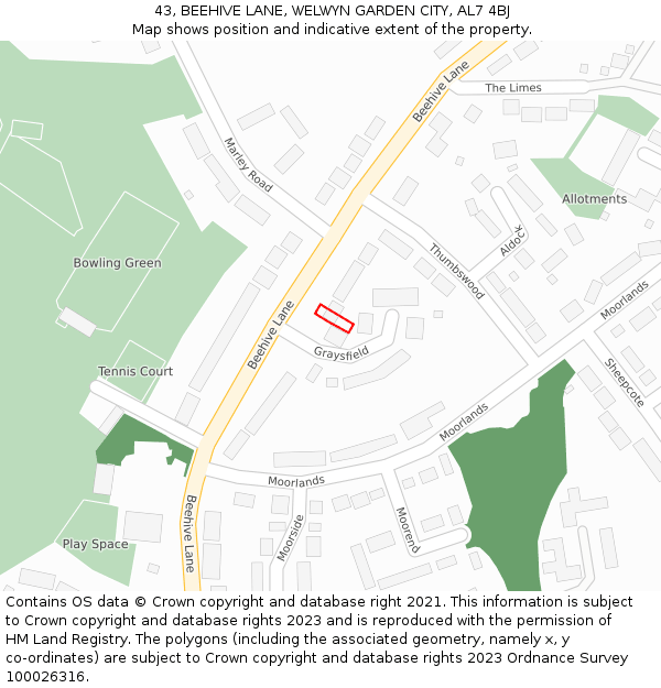 43, BEEHIVE LANE, WELWYN GARDEN CITY, AL7 4BJ: Location map and indicative extent of plot