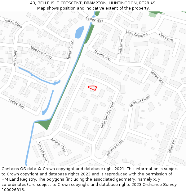 43, BELLE ISLE CRESCENT, BRAMPTON, HUNTINGDON, PE28 4SJ: Location map and indicative extent of plot