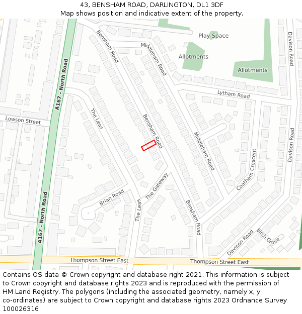 43, BENSHAM ROAD, DARLINGTON, DL1 3DF: Location map and indicative extent of plot