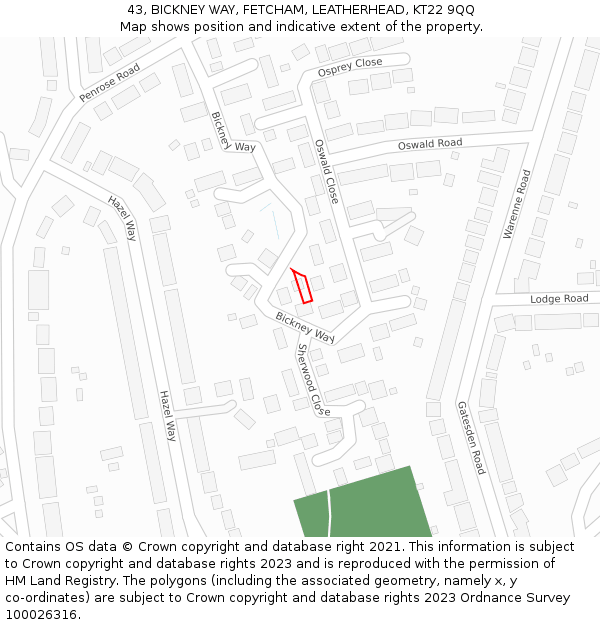 43, BICKNEY WAY, FETCHAM, LEATHERHEAD, KT22 9QQ: Location map and indicative extent of plot