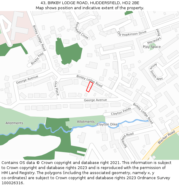 43, BIRKBY LODGE ROAD, HUDDERSFIELD, HD2 2BE: Location map and indicative extent of plot
