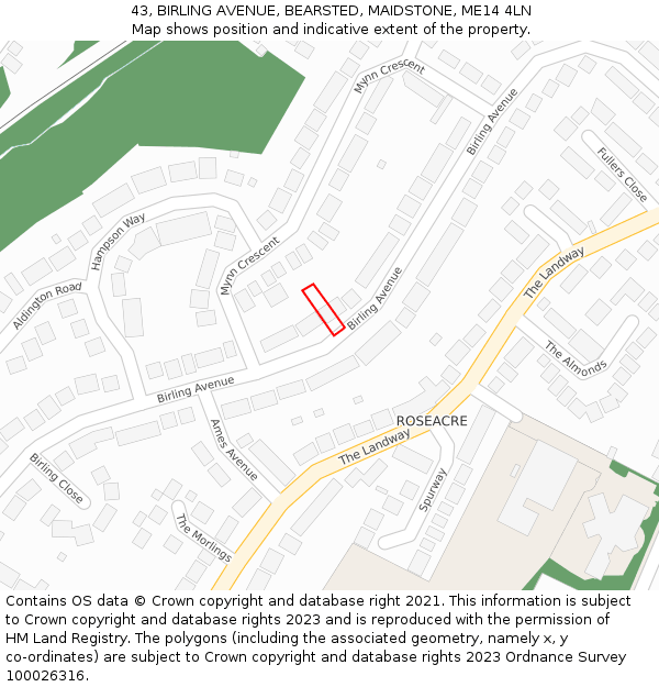 43, BIRLING AVENUE, BEARSTED, MAIDSTONE, ME14 4LN: Location map and indicative extent of plot