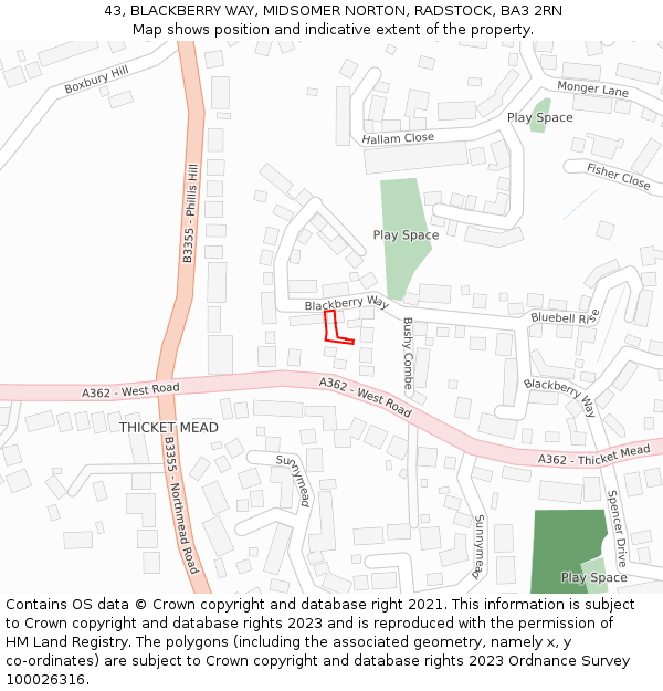 43, BLACKBERRY WAY, MIDSOMER NORTON, RADSTOCK, BA3 2RN: Location map and indicative extent of plot