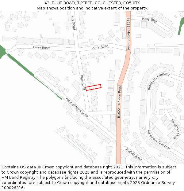 43, BLUE ROAD, TIPTREE, COLCHESTER, CO5 0TX: Location map and indicative extent of plot