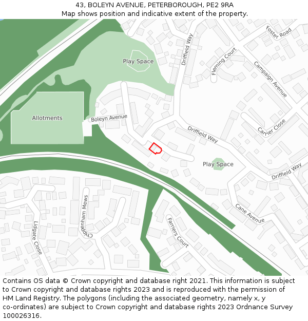 43, BOLEYN AVENUE, PETERBOROUGH, PE2 9RA: Location map and indicative extent of plot