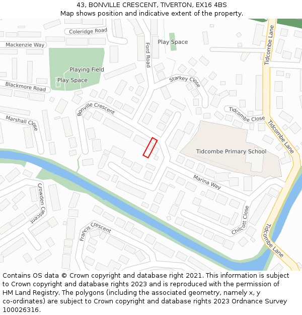 43, BONVILLE CRESCENT, TIVERTON, EX16 4BS: Location map and indicative extent of plot