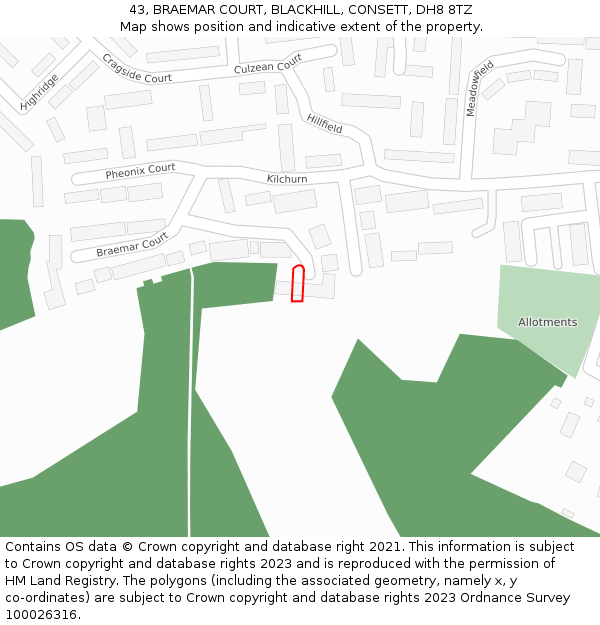 43, BRAEMAR COURT, BLACKHILL, CONSETT, DH8 8TZ: Location map and indicative extent of plot