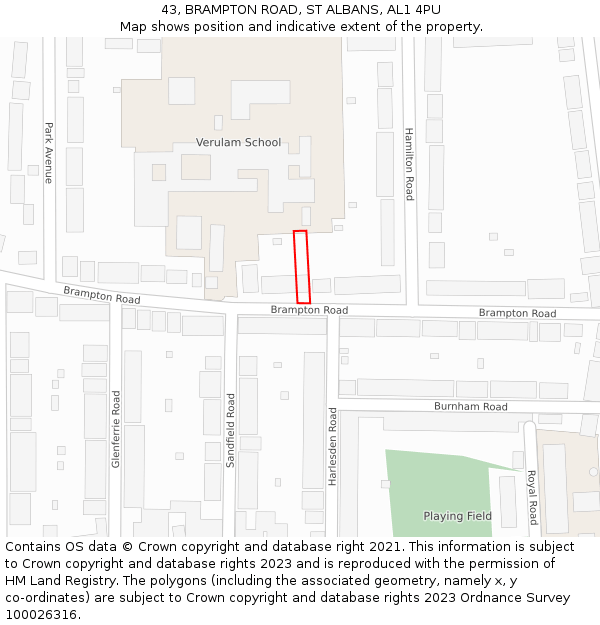 43, BRAMPTON ROAD, ST ALBANS, AL1 4PU: Location map and indicative extent of plot
