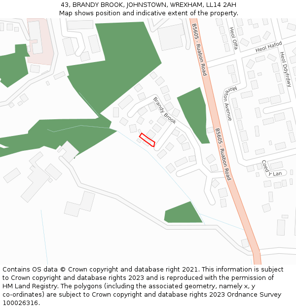 43, BRANDY BROOK, JOHNSTOWN, WREXHAM, LL14 2AH: Location map and indicative extent of plot