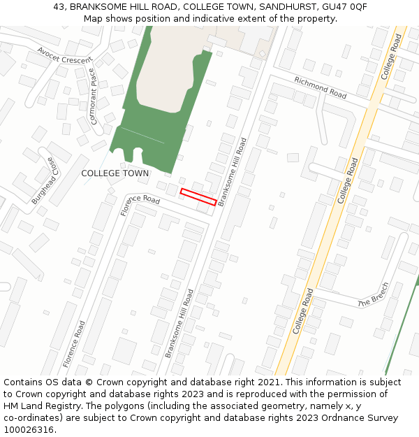 43, BRANKSOME HILL ROAD, COLLEGE TOWN, SANDHURST, GU47 0QF: Location map and indicative extent of plot
