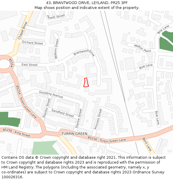 43, BRANTWOOD DRIVE, LEYLAND, PR25 3PF: Location map and indicative extent of plot
