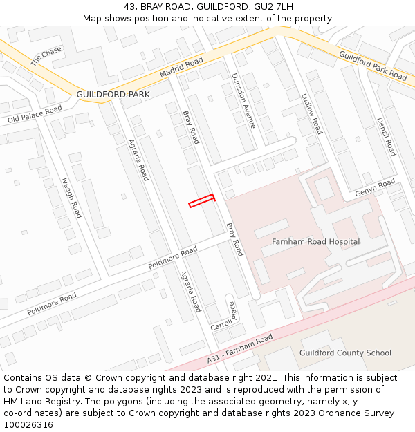 43, BRAY ROAD, GUILDFORD, GU2 7LH: Location map and indicative extent of plot