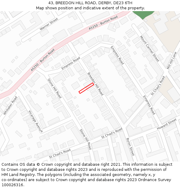43, BREEDON HILL ROAD, DERBY, DE23 6TH: Location map and indicative extent of plot