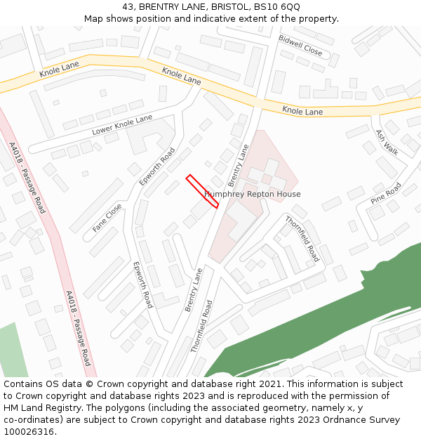43, BRENTRY LANE, BRISTOL, BS10 6QQ: Location map and indicative extent of plot