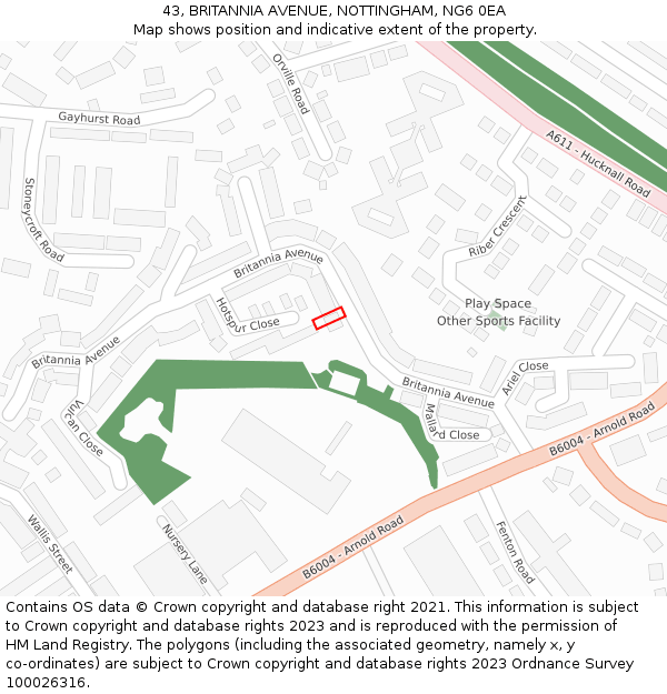 43, BRITANNIA AVENUE, NOTTINGHAM, NG6 0EA: Location map and indicative extent of plot