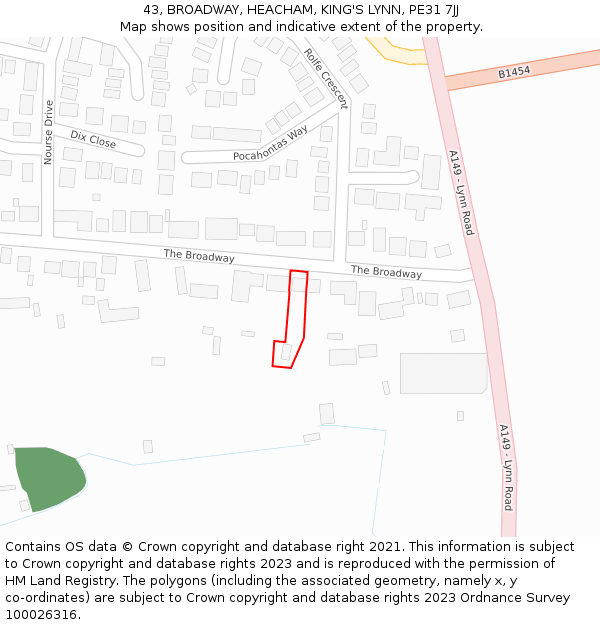 43, BROADWAY, HEACHAM, KING'S LYNN, PE31 7JJ: Location map and indicative extent of plot