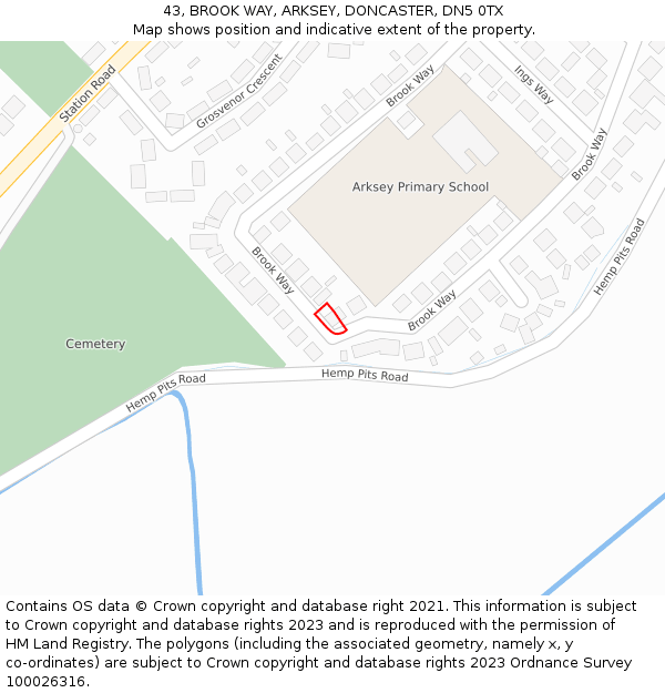 43, BROOK WAY, ARKSEY, DONCASTER, DN5 0TX: Location map and indicative extent of plot
