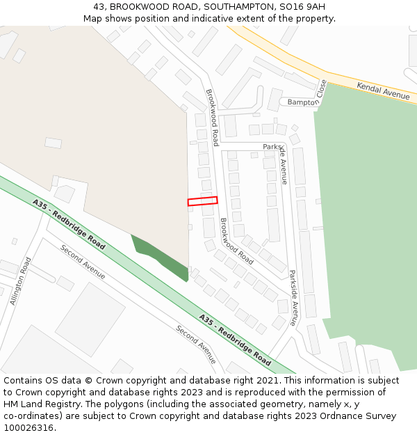43, BROOKWOOD ROAD, SOUTHAMPTON, SO16 9AH: Location map and indicative extent of plot