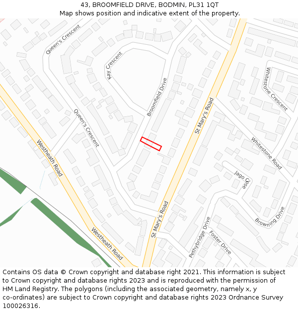 43, BROOMFIELD DRIVE, BODMIN, PL31 1QT: Location map and indicative extent of plot