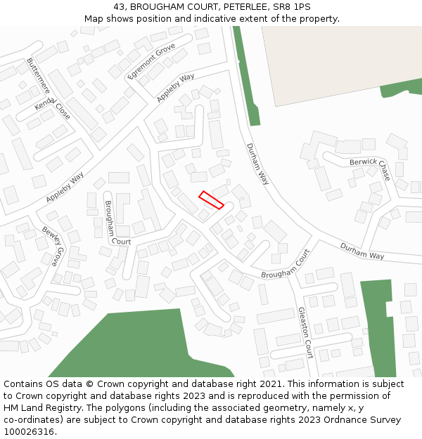 43, BROUGHAM COURT, PETERLEE, SR8 1PS: Location map and indicative extent of plot