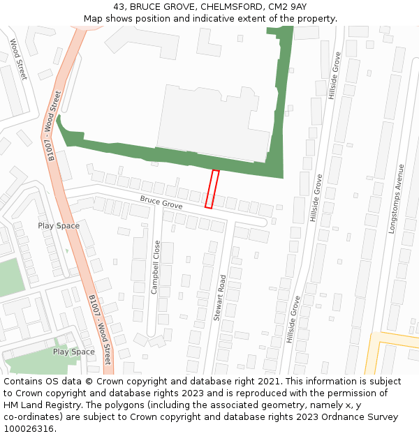 43, BRUCE GROVE, CHELMSFORD, CM2 9AY: Location map and indicative extent of plot