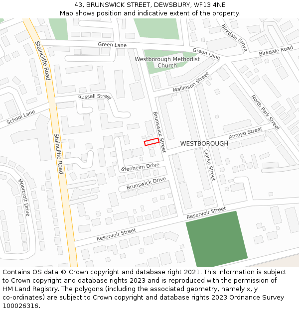 43, BRUNSWICK STREET, DEWSBURY, WF13 4NE: Location map and indicative extent of plot
