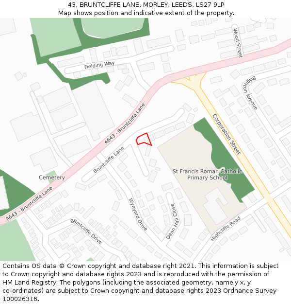 43, BRUNTCLIFFE LANE, MORLEY, LEEDS, LS27 9LP: Location map and indicative extent of plot