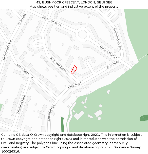 43, BUSHMOOR CRESCENT, LONDON, SE18 3EG: Location map and indicative extent of plot