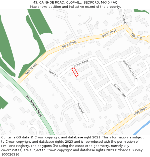 43, CAINHOE ROAD, CLOPHILL, BEDFORD, MK45 4AQ: Location map and indicative extent of plot
