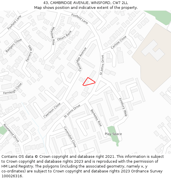 43, CAMBRIDGE AVENUE, WINSFORD, CW7 2LL: Location map and indicative extent of plot