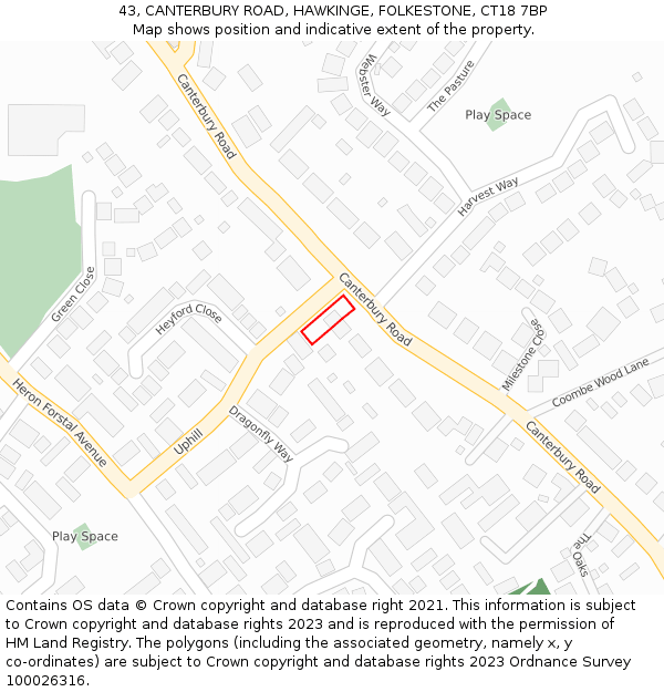 43, CANTERBURY ROAD, HAWKINGE, FOLKESTONE, CT18 7BP: Location map and indicative extent of plot