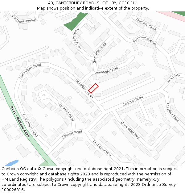 43, CANTERBURY ROAD, SUDBURY, CO10 1LL: Location map and indicative extent of plot